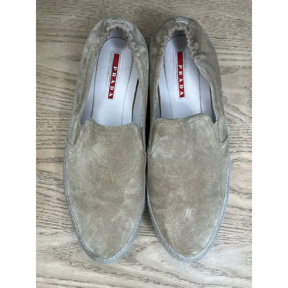 PRADA Saint Tropez Espadrille Slip On Platform Sneakers Tan Suede Size 7.5